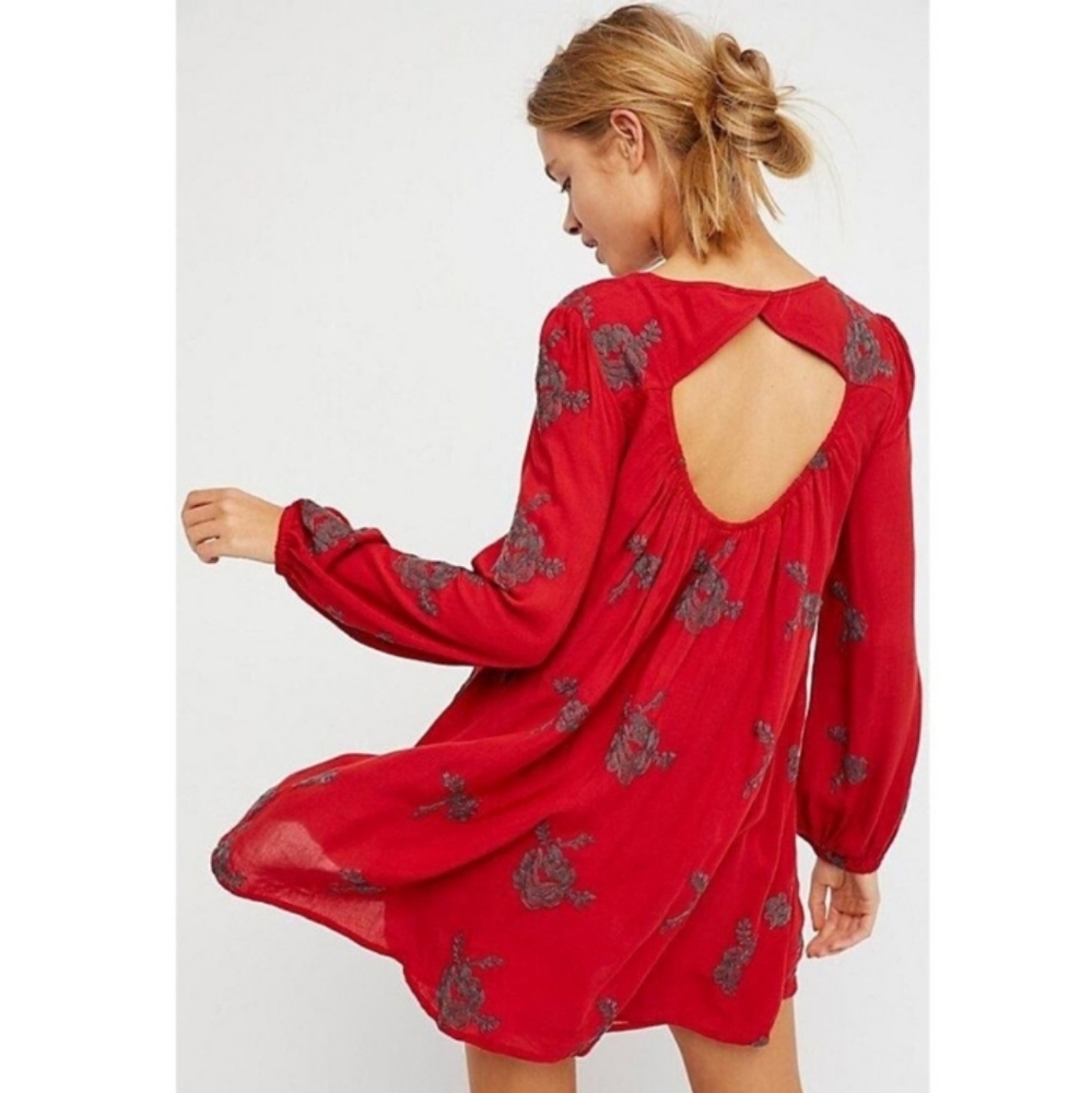Free People Austin Embroidered Swing Mini Dress Rouge/Red M